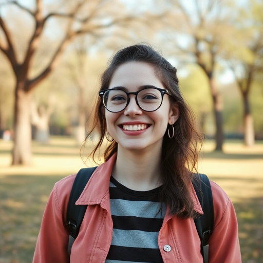 Lívia Duarte em um parque florestal com árvores ao fundo. Ela está com uma mochila nas costas e sorrindo