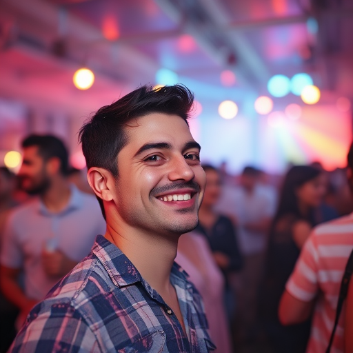 Theo Costa em um evento de tecnologia. Ele está sorrindo ao olhar para câmera